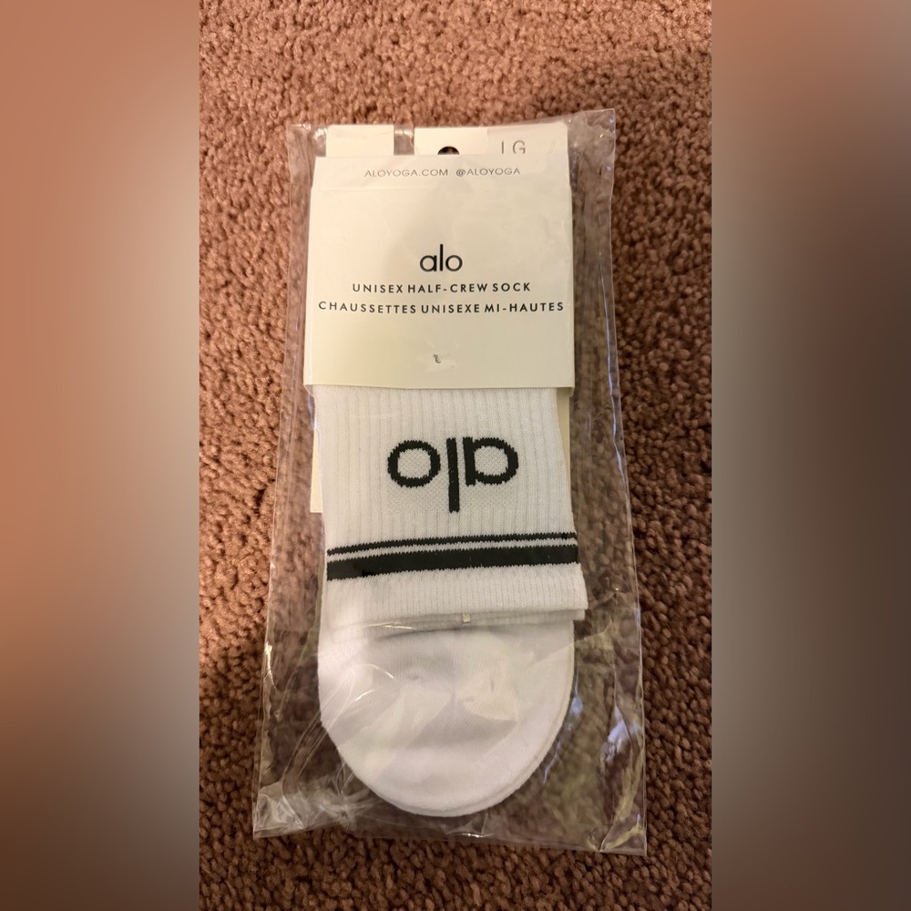 ALO Yoga White Half-Crew Athletic Socks with Black Logo & Stripes